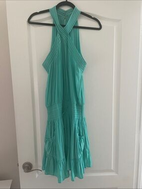 Ramy Brook Teal Crisscross Halter One-Shoulder Dress